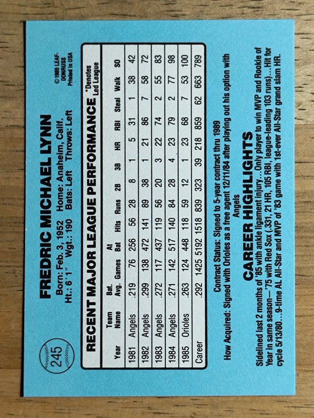 1986 Donruss #245 Fred Lynn