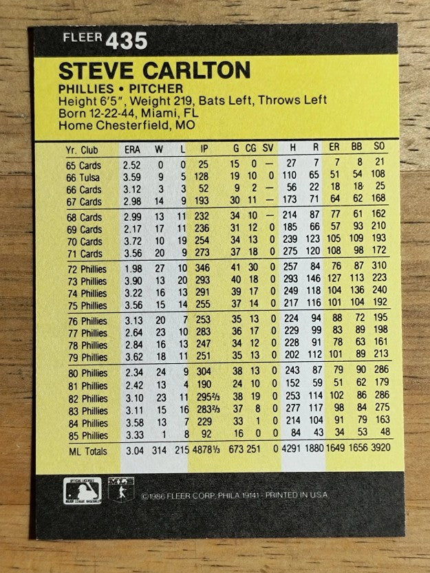 1986 Fleer #435 Steve Carlton