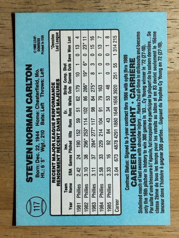 1986 Leaf/Donruss #117 Steve Carlton