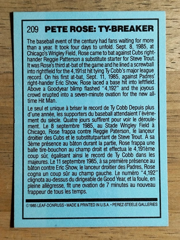 1986 Leaf/Donruss #209 Pete Rose HL/Ty-Breaking