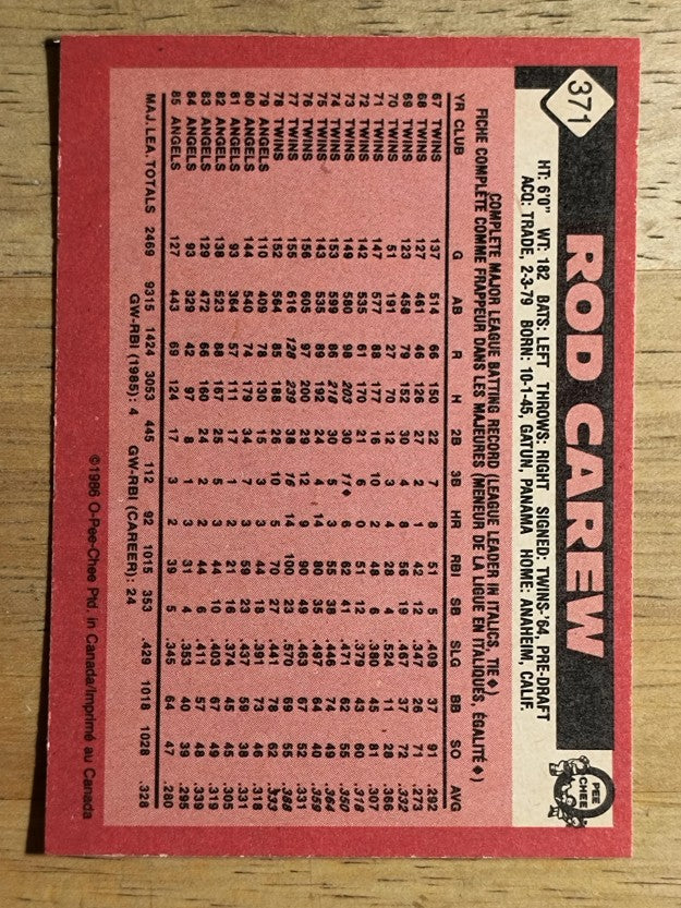 1986 O-Pee-Chee #371 Rod Carew