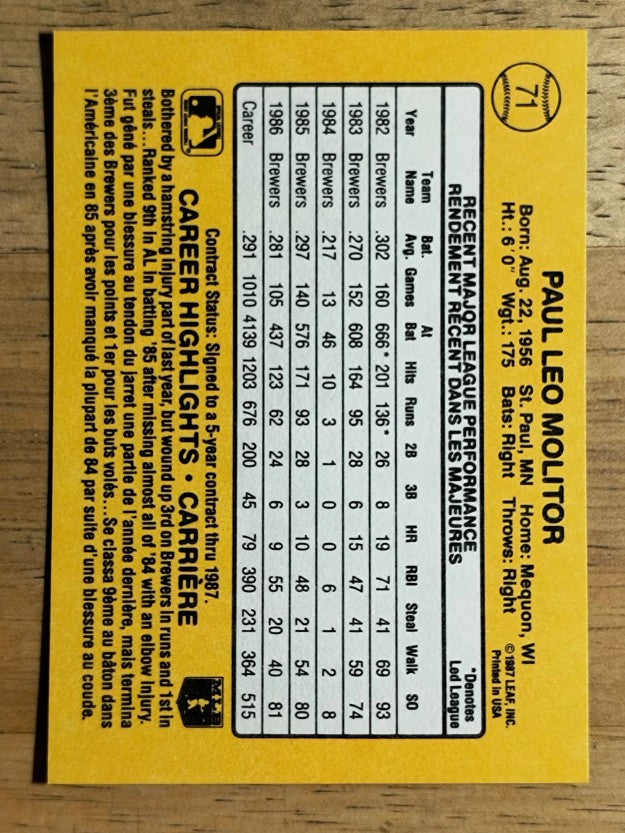1987 Leaf/Donruss #71 Paul Molitor