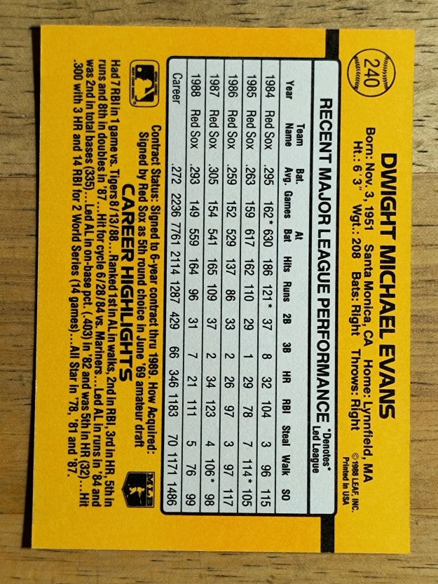 1989 Donruss #240 Dwight Evans