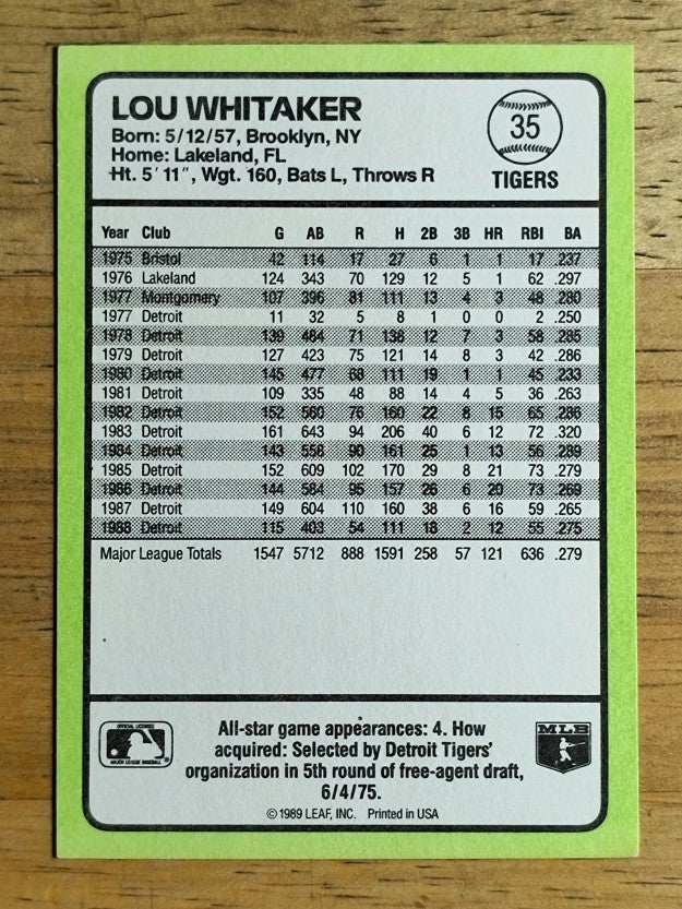 1989 Donruss Baseball's Best #35 Lou Whitaker