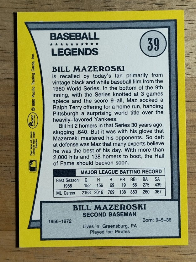 1990 Pacific Legends #39 Bill Mazeroski