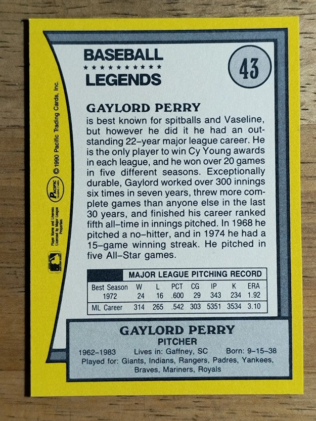 1990 Pacific Legends #43 Gaylord Perry