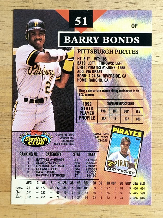 1993 Stadium Club #51A Barry Bonds ERR/Missing four stars over name