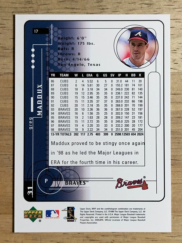 1999 Upper Deck MVP #17 Greg Maddux