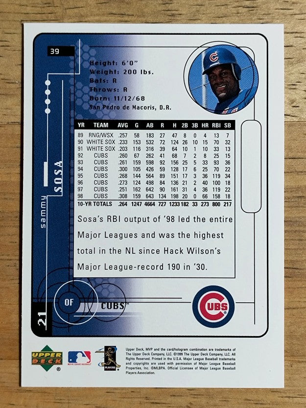 1999 Upper Deck MVP #39 Sammy Sosa