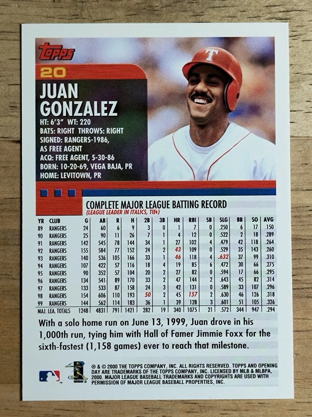 2000 Topps Opening Day #20 Juan Gonzalez