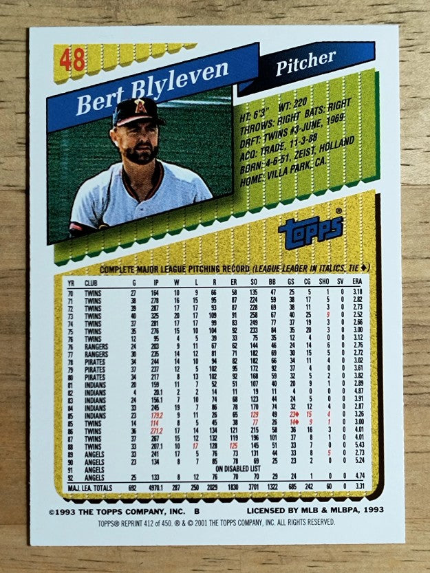 2001 Topps Archives #412 Bert Blyleven 93