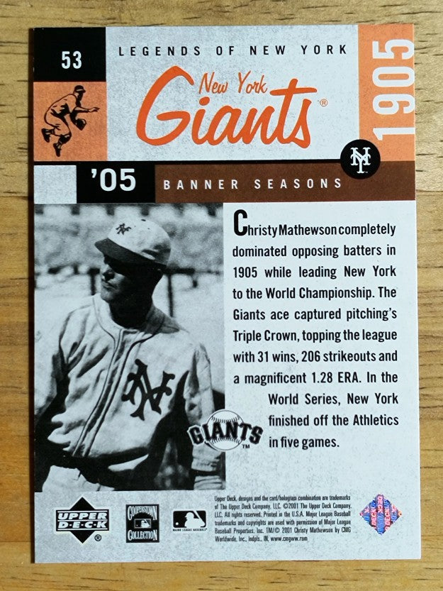 2001 Upper Deck Legends of NY #53 Christy Mathewson BNS