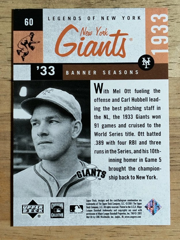 2001 Upper Deck Legends of NY #60 Mel Ott BNS