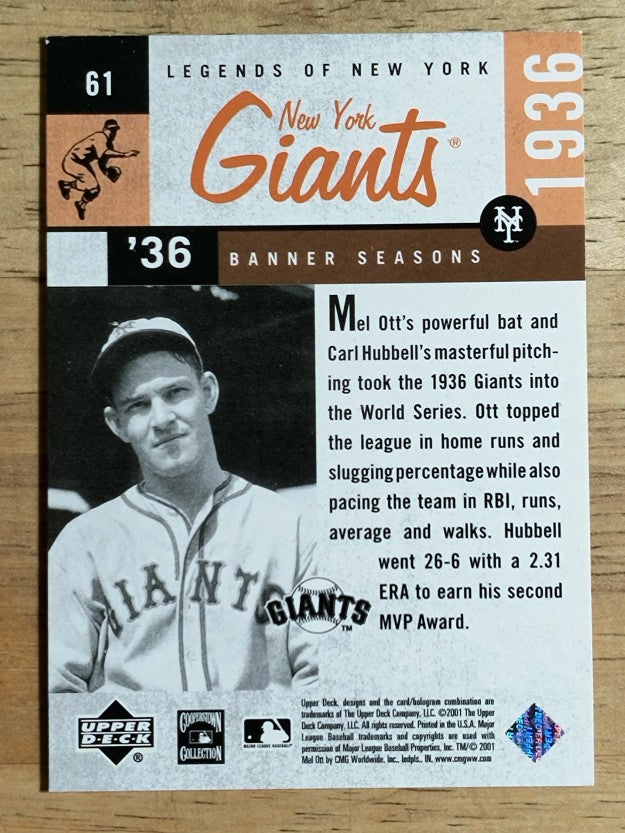 2001 Upper Deck Legends of NY #61 Mel Ott BNS