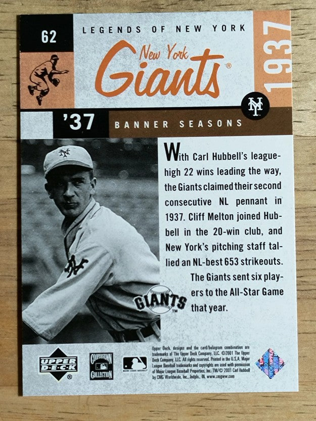 2001 Upper Deck Legends of NY #62 Carl Hubbell BNS