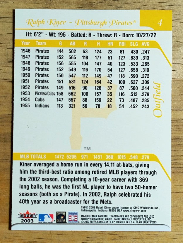 2003 Flair Greats #4 Ralph Kiner