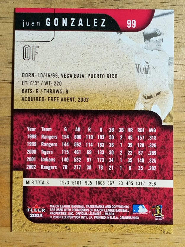 2003 Fleer Genuine #99 Juan Gonzalez