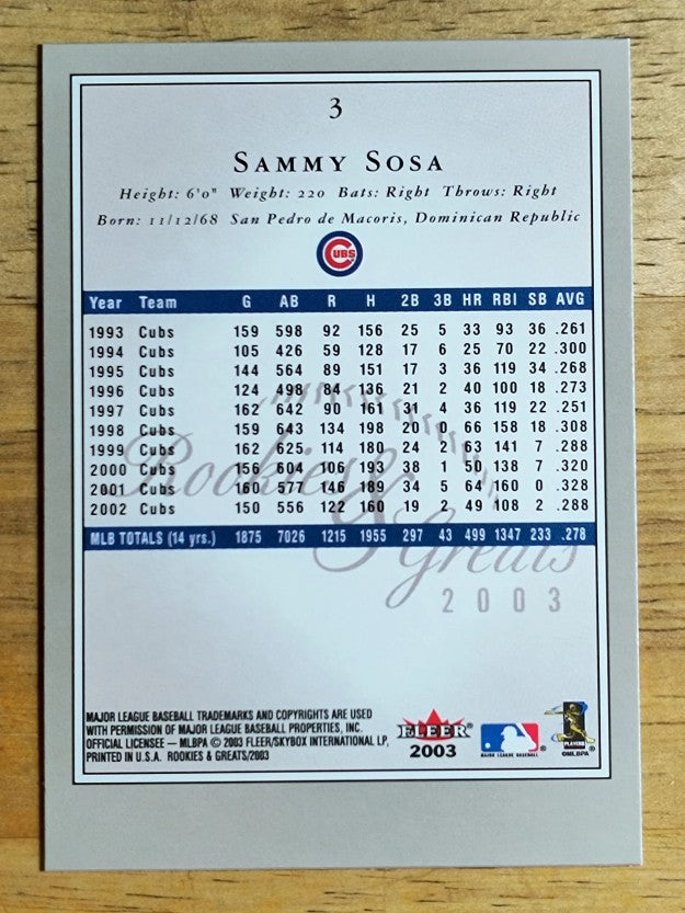 2003 Fleer Rookies and Greats #3 Sammy Sosa