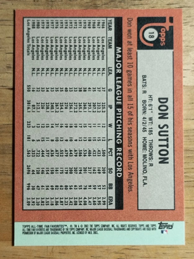 2003 Topps All-Time Fan Favorites #18 Don Sutton