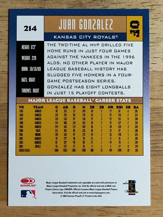 2005 Donruss #214 Juan Gonzalez
