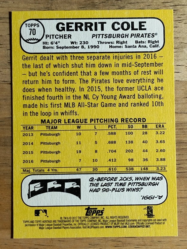 2017 Topps Heritage #70 Gerrit Cole