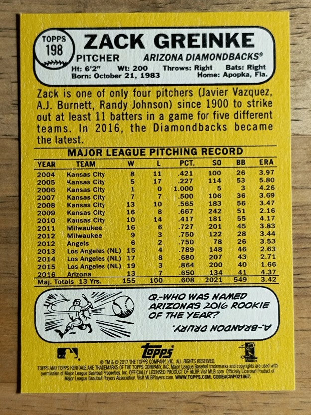 2017 Topps Heritage #198 Zack Greinke
