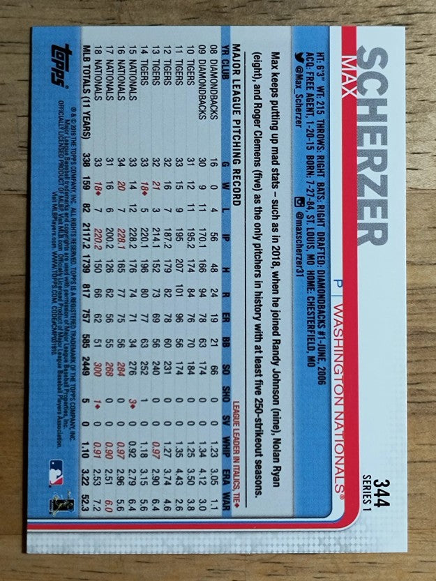 2019 Topps #344 Max Scherzer