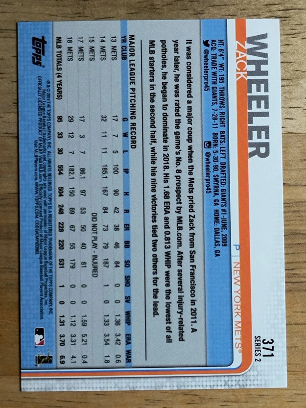 2019 Topps #371 Zack Wheeler