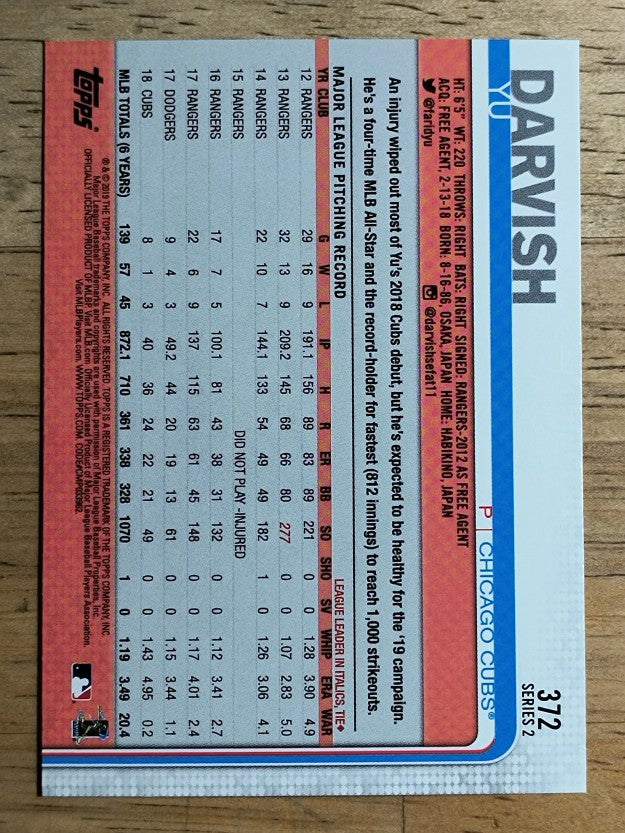 2019 Topps #372 Yu Darvish