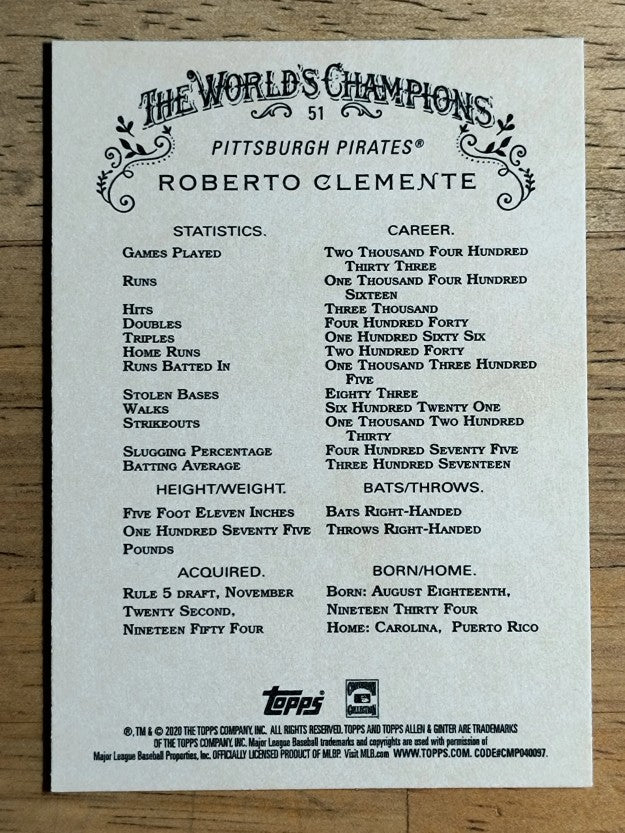 2020 Topps Allen and Ginter #51 Roberto Clemente