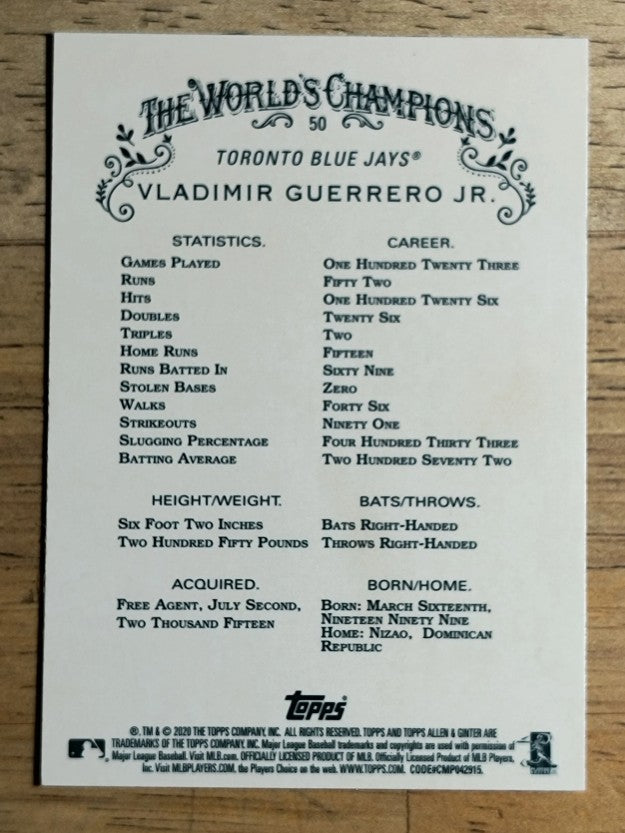 2020 Topps Allen and Ginter Chrome #50 Vladimir Guerrero Jr.