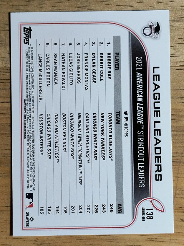2022 Topps #138 Robbie Ray/Gerrit Cole/Dylan Cease LL