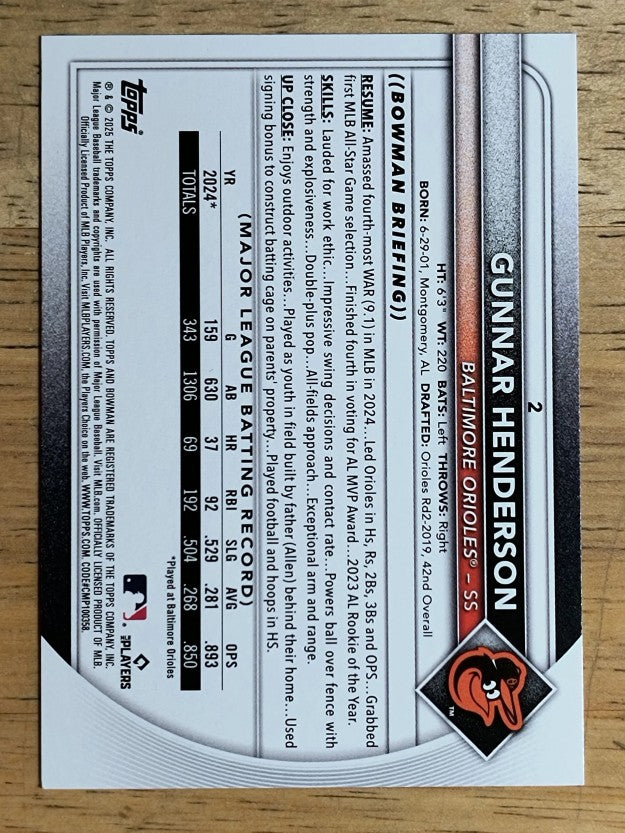 2025 Bowman #2 Gunnar Henderson
