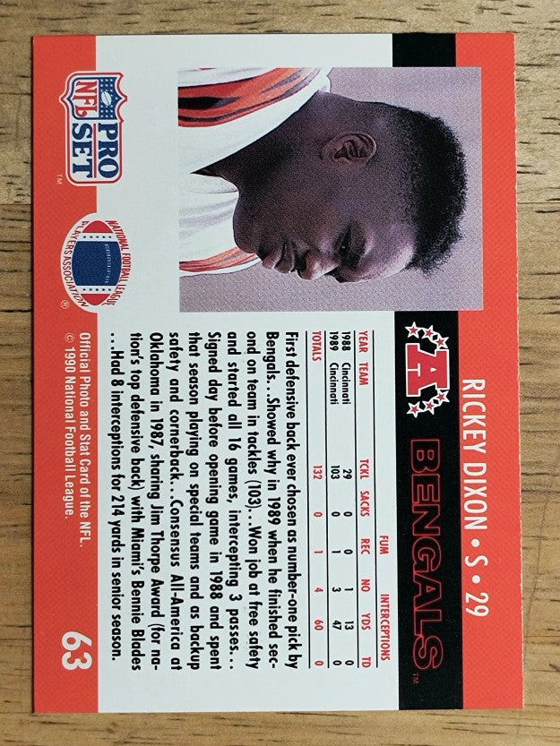 1990 Pro Set #63A Rickey Dixon RC ERR/Info missing under bio notes