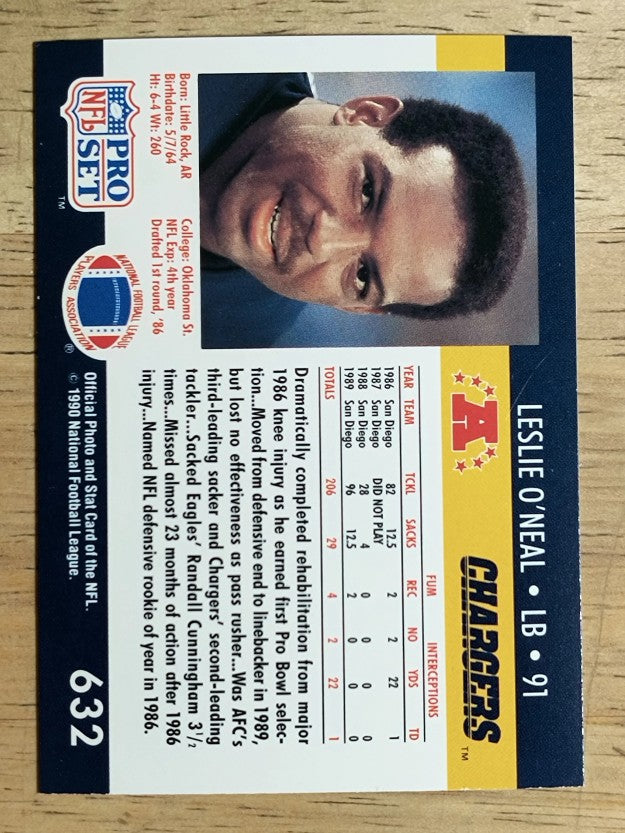 1990 Pro Set #632B Leslie O'Neal ERR/LB on front
