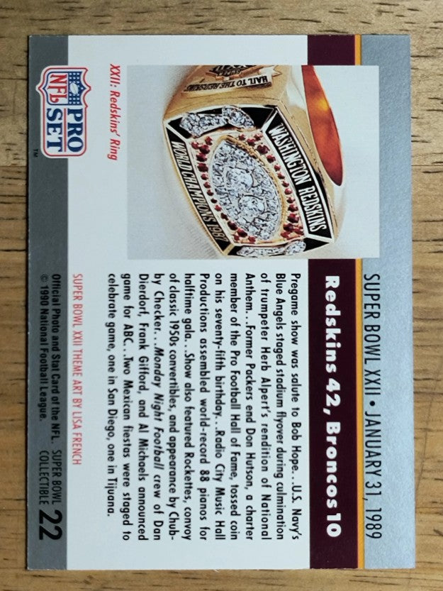 1990 Pro Set Theme Art #22A Super Bowl XXII ERR/Jan. 31, 1989 on back