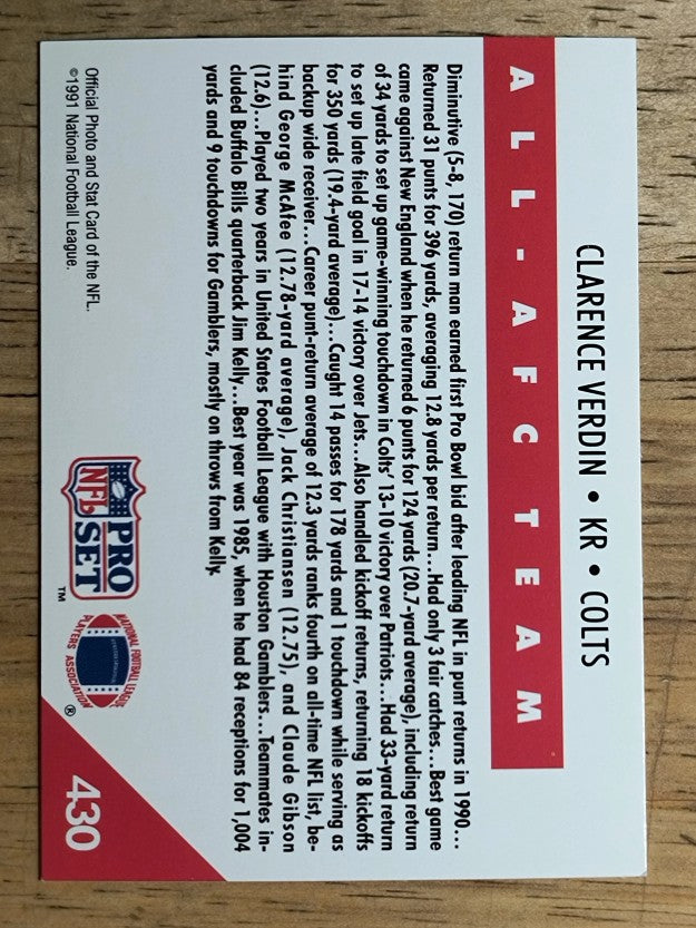 1991 Pro Set #430 Clarence Verdin AFC