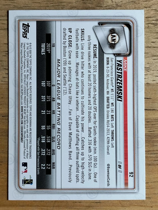 2020 Bowman #92 Mike Yastrzemski