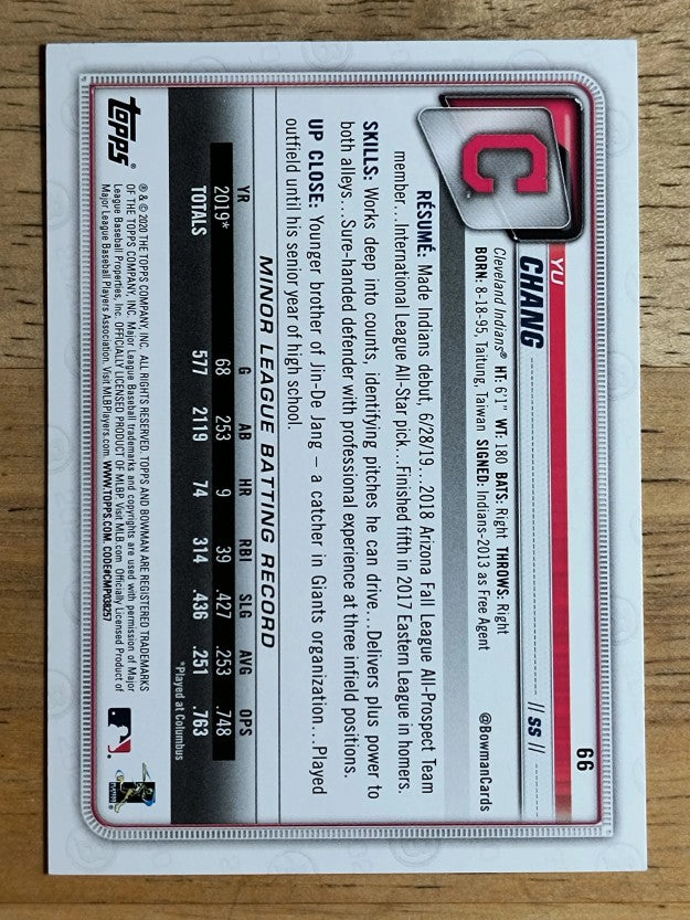 2020 Bowman #66 Yu Chang RC