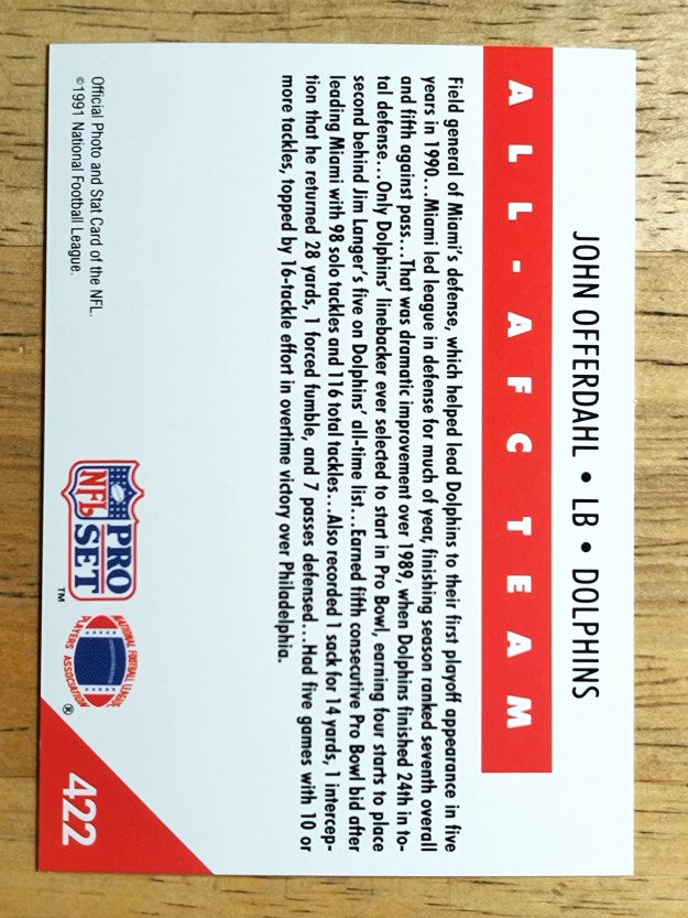 1991 Pro Set #422 John Offerdahl AFC