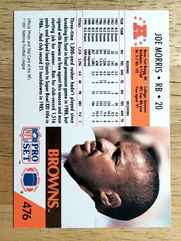 1991 Pro Set #476 Joe Morris