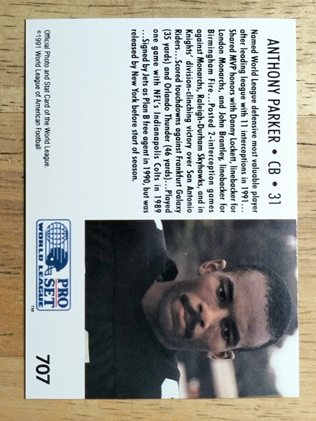 1991 Pro Set #707 Anthony Parker RC LL/NY/NJ Knights