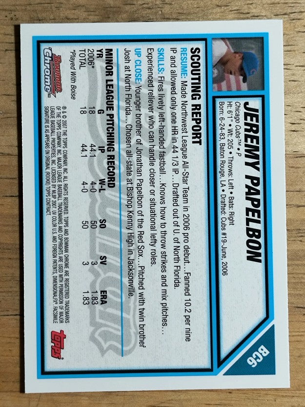 2007 Bowman Chrome Prospects #BC6 Jeremy Papelbon