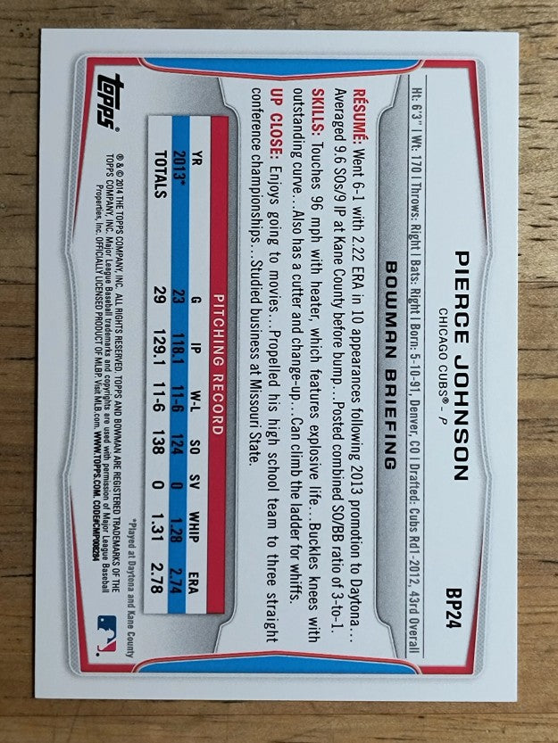2014 Bowman Prospects #BP24 Pierce Johnson