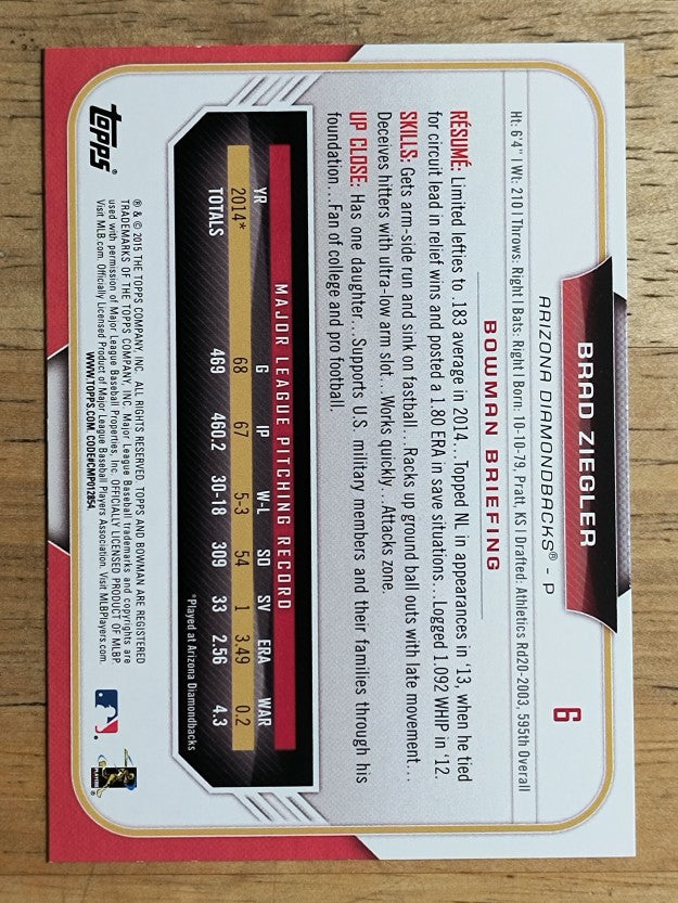 2015 Bowman #6 Brad Ziegler