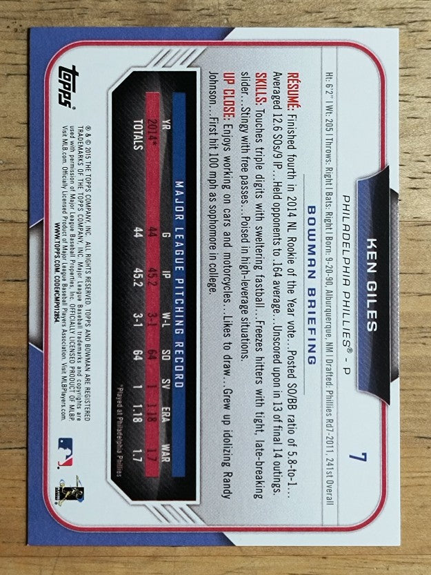 2015 Bowman #7 Ken Giles