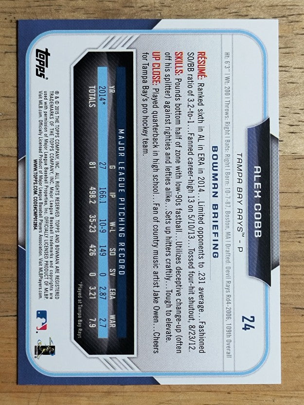 2015 Bowman #24 Alex Cobb
