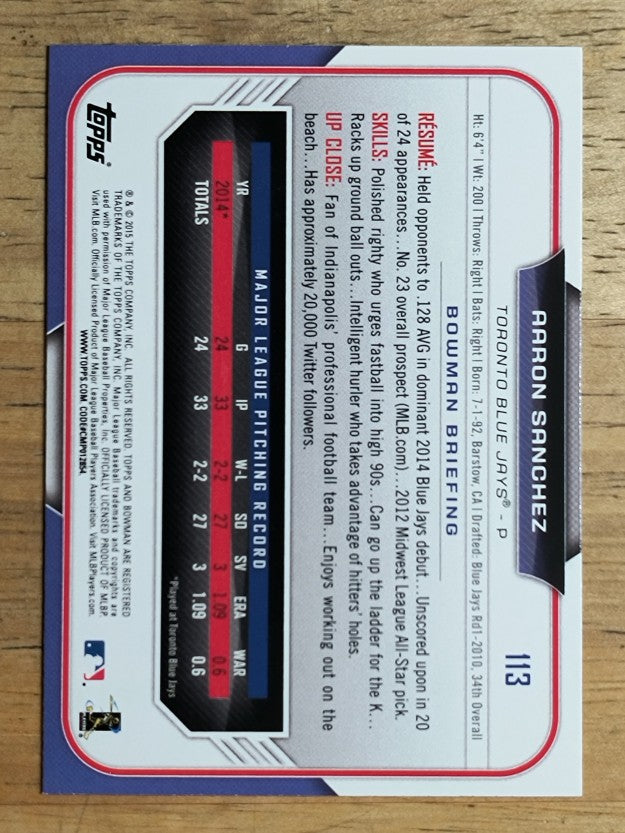 2015 Bowman #113 Aaron Sanchez