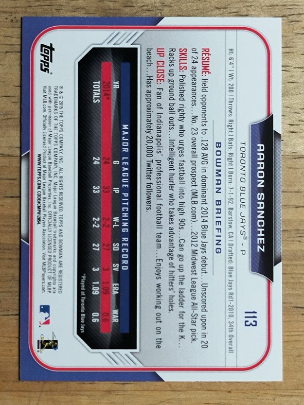 2015 Bowman #113 Aaron Sanchez