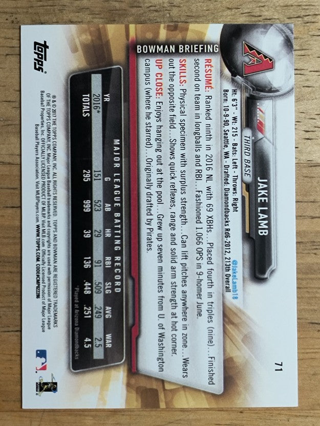 2017 Bowman #71 Jake Lamb